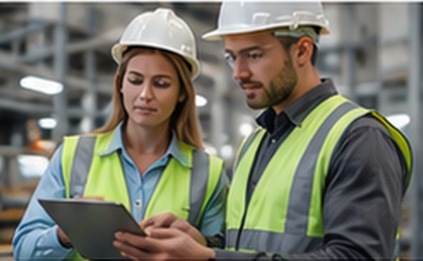 Two operational team members reviewing information on a tablet
